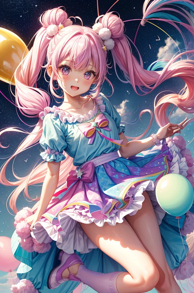 (whole body, legs and shoes visible: 1.2)) Expressive eyes, One girl, Pale skin, Long Hair, Windblown Hair, ((absurdly Long Hair)), Long Side Lock, Princess bangs, Hair bangs, Hair Bun, ((Very long twin tails)), Rainbow Hair, Light pink hair, blush, full face blush, big sparkling Pastel Purple eyes, (Gradient Eye), Laughing with your mouth open, cute pose, ((Holding a balloon : 1.3)) ((cute and pastel fashion)) ((🦄🎠🎈🎉 theme : 1.4)) A loose pastel dress, ((Dreamy multi-colored open dress)), (Floating ribbon), Lavender Frill, Pink frills, (Light blue lace), Removable short sleeves, Fluffy skirt, ((Rainbow and star printed skirt : 1.3)), Lolita Skirt, Purple ribbon, ((pom pom ribbon hair ornament : 1.4)), Multiple Bows, Striped lace stockings, (heart型のレッグガーター), cute (Pastel Purple) shoes ((Ultra-detailed clothing and fashion)) I&#39;m watching you, Vintage Girl, blush, (Beautiful attention to detail), (Highly detailed CG Unity 8k wallpaper) (Best Shadow), ((Very delicate and beautiful)), (Detailed light), ((Depth of written boundary)) Big Head, Big, bright eyes, Moe, Splash Art, Cinema Lighting, Front view, volumetric lighting maximalist photo illustration k resolution high resolution intricate detailed complex key visuals precise linear ((Dreamy pastel sky background, Surrounded by sunset clouds, shooting star, Castle above the clouds)) ((Ultra-detailed landscapes, Foggy clouds, Hung by balloons, heart : 1.3))