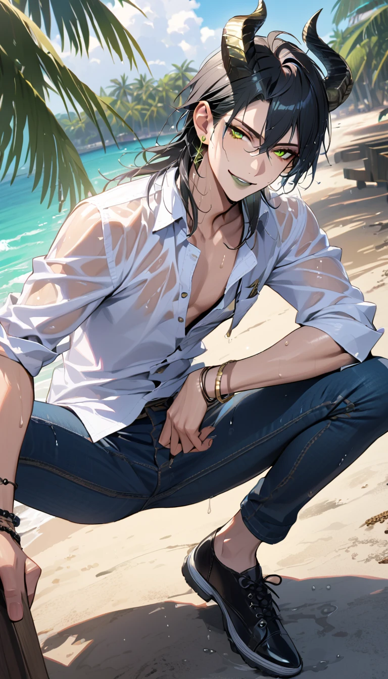 masterpiece, highres, absurdres, illustration,   ((masterpiece:1.4, best quality)), (Ultra detailed background), 1boy, handsome man, highly detailed beautiful face and eyes, beautiful eyes, (sharp detail:1.3), shiny, earrings, bracelet, (wet clothes:1.3), Shirts, Bari, Cebu Island, plumeria, near the beach, dynamic angle,  1boy, sitting on floor, topless, jeans, dynamic angle, malleus draconia (twisted wonderland) horns, bishounen, boy, male, yana Toboso style, long hair, black hair, yellow green eyes, smile, gray lips, handsome, skinny, tall, yellow green glow,