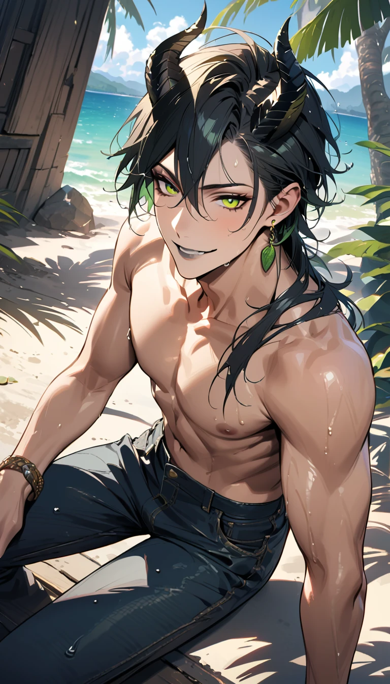 absurdres, highres, ultra detailed, HDR, master piece, best quality, extremely detailed, Ulquiorra Cifer, black hair, expressive green eyes, pale skin, Bleach, solo, sexy man sitting, handsome, horny, sensual, bare chest, toned chest, island, sea, beach