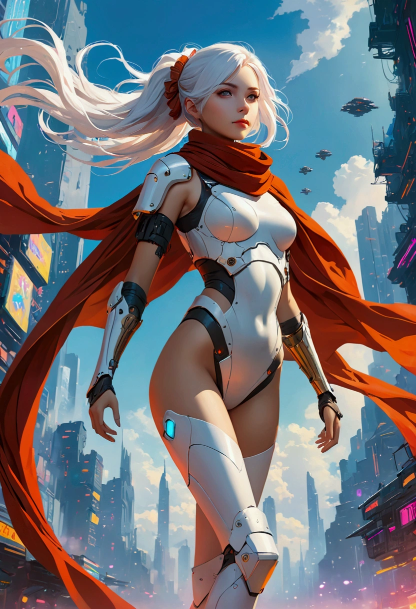 masterpiece, best quality, 4K, Cyberpunk, Beautiful girl in armor, Flying in the sky, cape, scarf, Long legs, Long white hair,Hair accessories, Depth of Field, Blurred background,