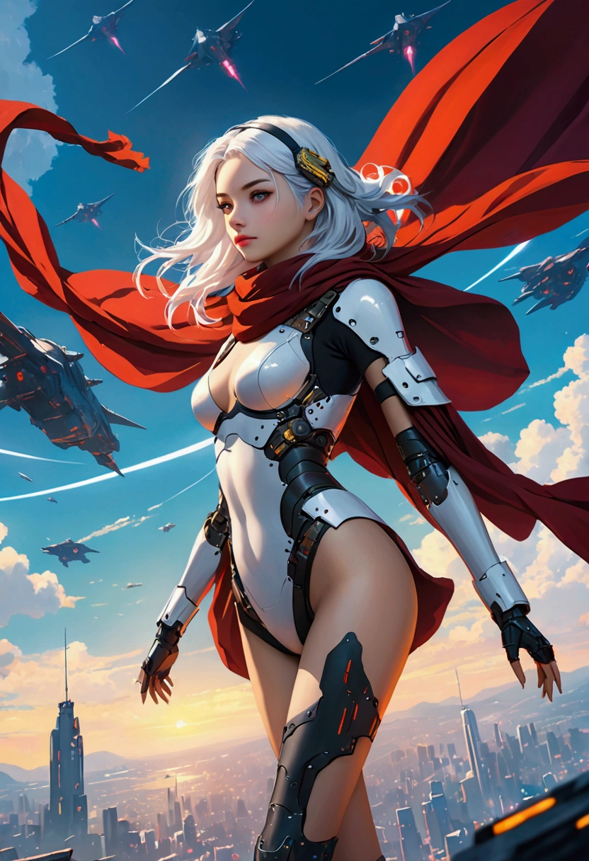 masterpiece, best quality, 4K, Cyberpunk, Beautiful girl in armor, Flying in the sky, cape, scarf, Long legs, Long white hair,Hair accessories, Depth of Field, Blurred background,