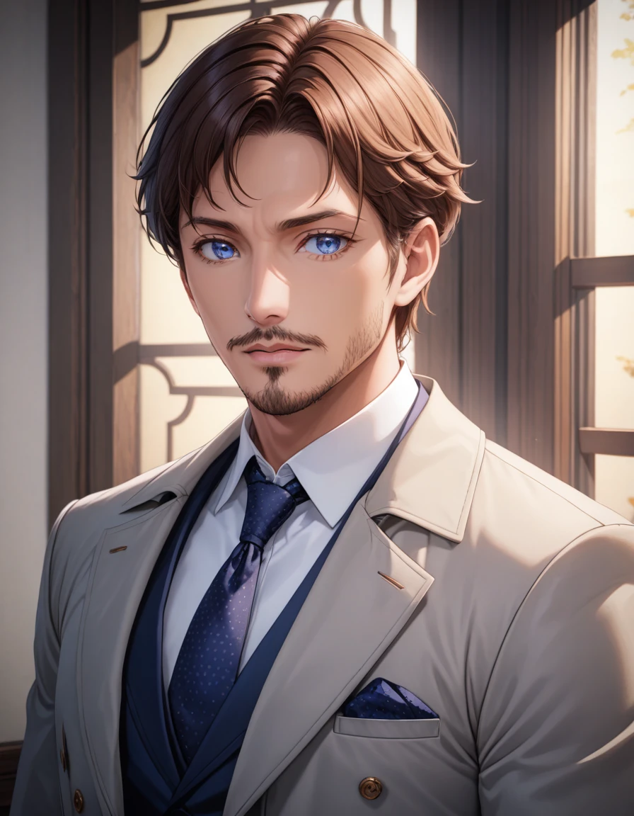 1man, mature male, parted bangs, medium-short hair, brown hair, muscular male celeb, short goatee, short mustache, indigo eyes, gentleman, elegant netori male, BREAK solo, white collared shirt, gray trench coat, black neck ribbon, in gentle sasaki style, visual novel, 2010s, extreme all detailed, masterpiece, best quality