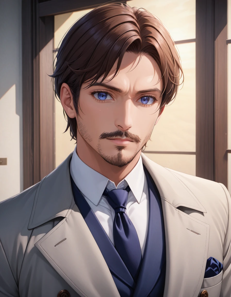 1man, mature male, parted bangs, medium-short hair, brown hair, muscular male celeb, short goatee, short mustache, indigo eyes, gentleman, elegant netori male, BREAK solo, white collared shirt, gray trench coat, black neck ribbon, in gentle sasaki style, visual novel, 2010s, extreme all detailed, masterpiece, best quality