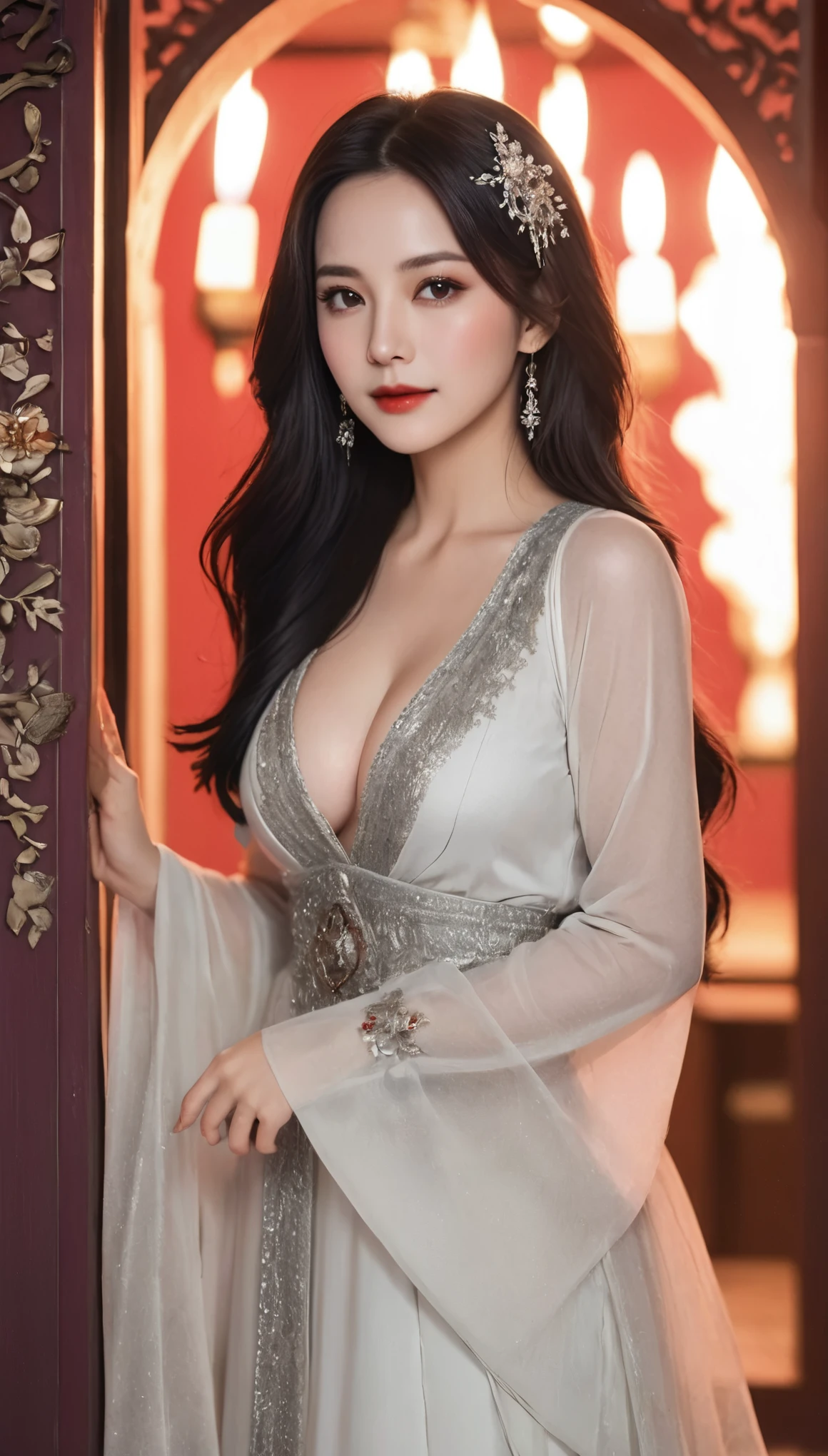 Highly detailed CG Unity 8K wallpapers, Highest quality, Tabletop, Realistic, Like the picture, Highly detailed beautiful woman, 22 years old,((Semi-long hair))、(((Large Breasts)))、sexy，glamorous，Round eyes,  (((The shape of the nipple is visible from the top of the clothes)))、Realistic female hands、Audience,  smile, ((Tall beautiful woman))、Lips parted, Full body shot , (((A long red Chinese dress with gold embroidery worn directly on the skin(Ultra-thin fabric))，Obscene costumes，Full body portrait，Muchimuchi、