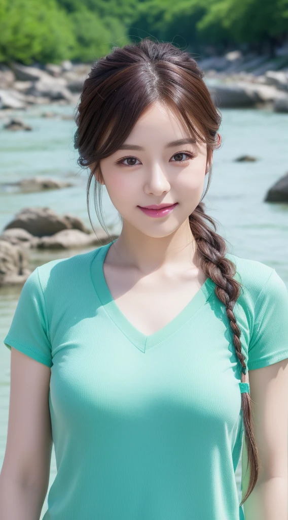 Realistic photos of (1 cute Korean star) blue french braid, thin makeup, slightly smile, 32 inch breasts size, green v-neck t-shirt,short pants, , upper body portrait, UHD, green shoes, background river, standing in rock