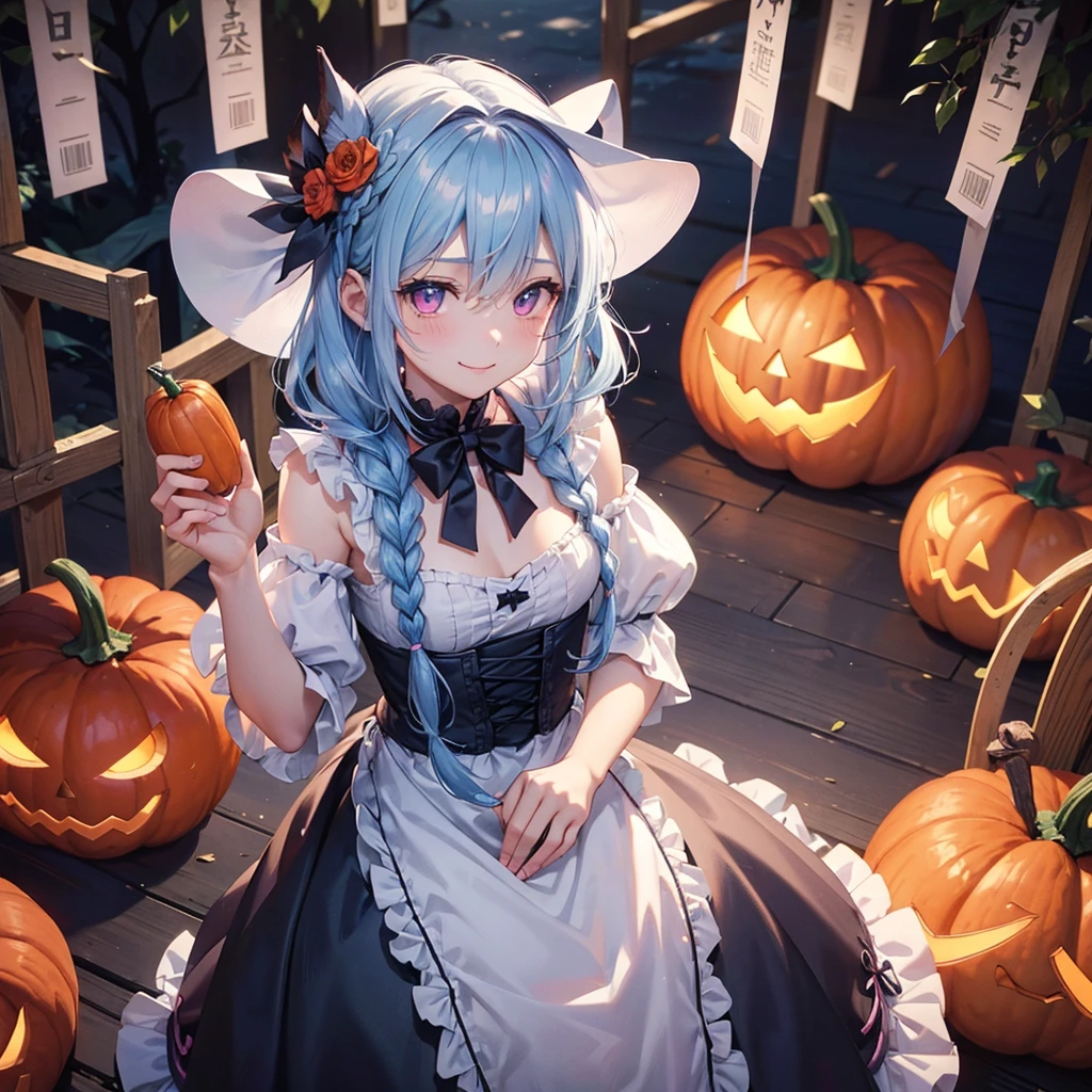 (Light blue medium hair),(Braided hair tied together)、Pink eyes、Fair skin、cowboy shot、Halloween、The background is a pumpkin ghost、Trick or Treat、A lot of sweets、witch、Halloweenナイトパーティー、Candy、Cosplay、A surprising smile、A dignified figure、solo、(masterpiece、Highest quality、Very detailed、Best Shadow)、(Detailed Background)、(Beautifully detailed face)、High contrast、(Best lighting、Very delicate and beautiful)、(Cinematic Light)、colorful、Hyper Detail、Dramatic Light、Exquisite detail、