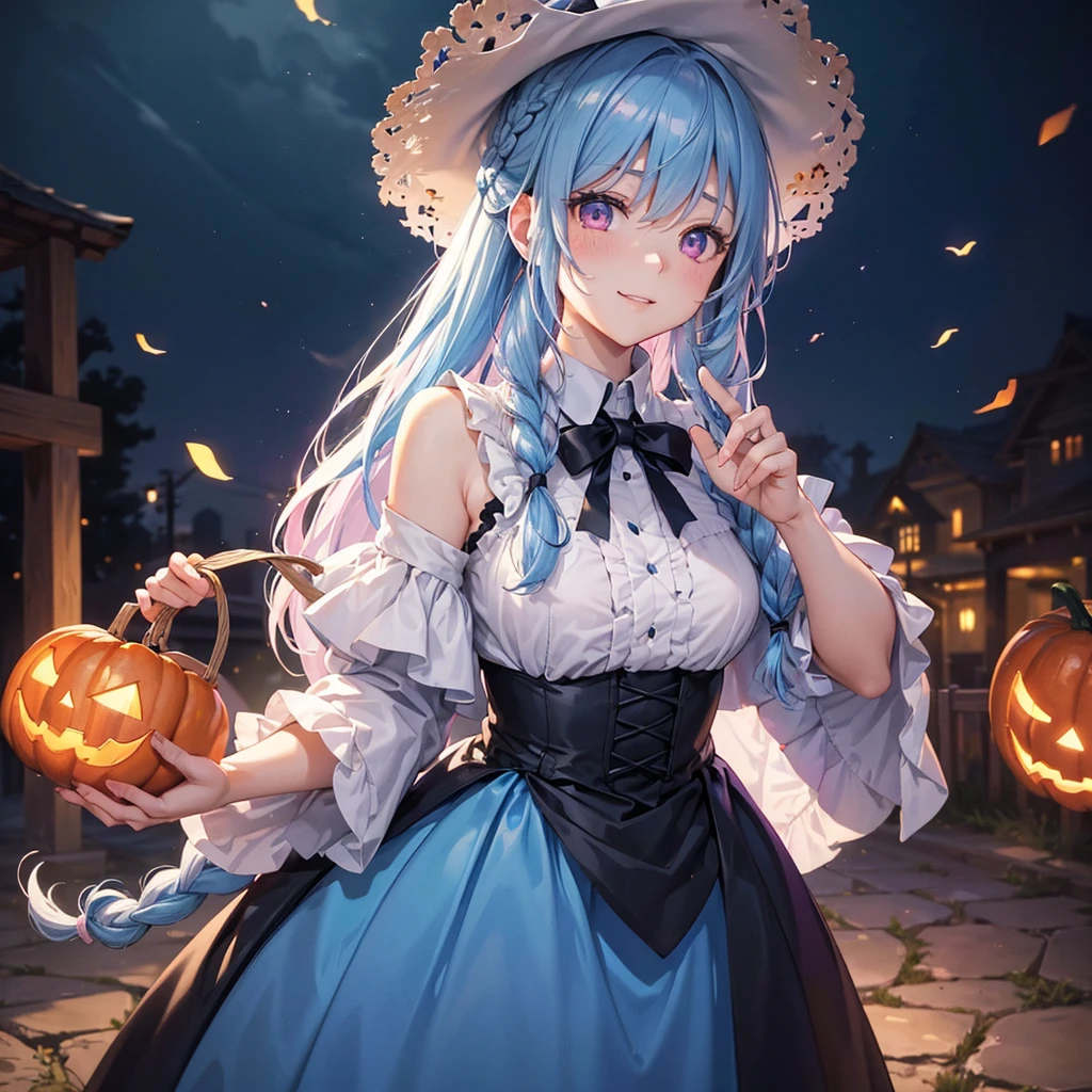 (Light blue medium hair),(Braided hair tied together)、Pink eyes、Fair skin、cowboy shot、Halloween、The background is a pumpkin ghost、Trick or Treat、A lot of sweets、witch、Halloweenナイトパーティー、Candy、Cosplay、A surprising smile、A dignified figure、solo、(masterpiece、Highest quality、Very detailed、Best Shadow)、(Detailed Background)、(Beautifully detailed face)、High contrast、(Best lighting、Very delicate and beautiful)、(Cinematic Light)、colorful、Hyper Detail、Dramatic Light、Exquisite detail、