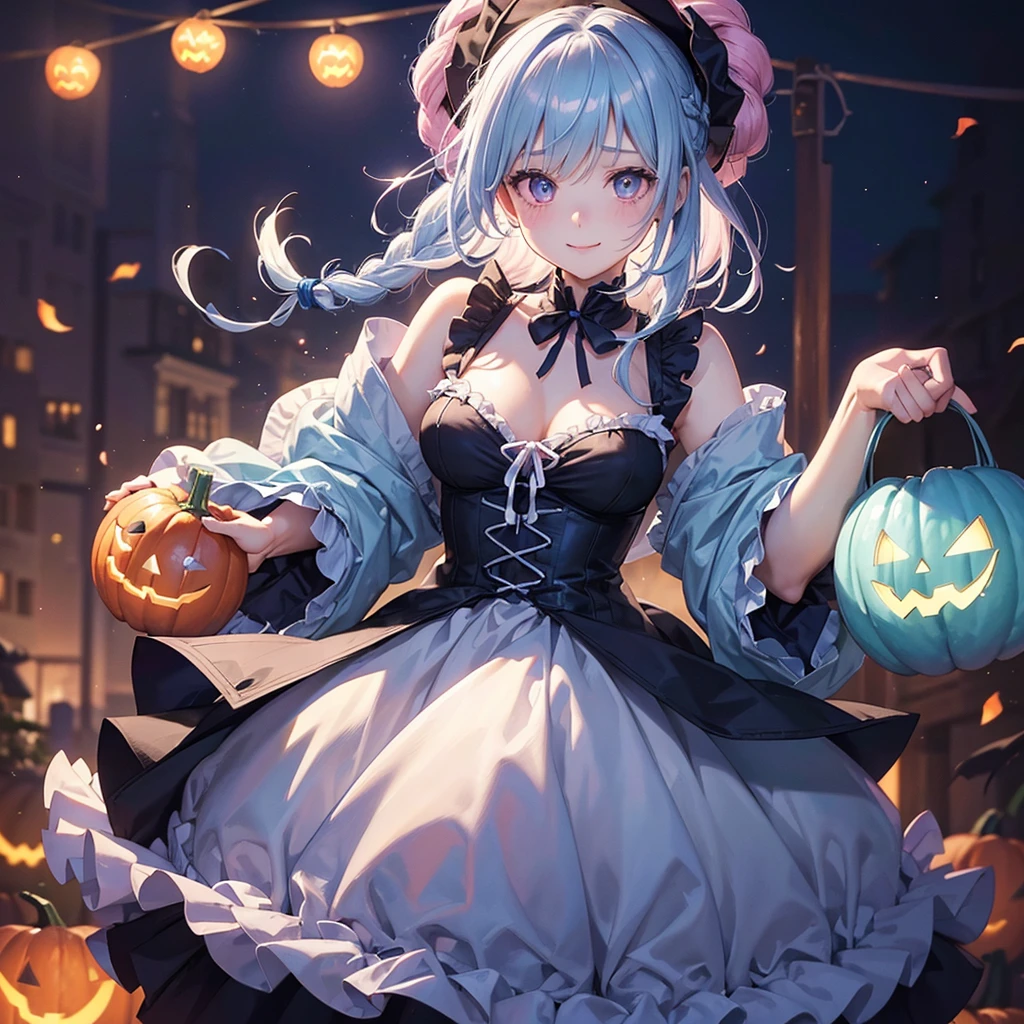 (Light blue medium hair),(Braided hair tied together)、Pink eyes、Fair skin、cowboy shot、Halloween、The background is a pumpkin ghost、Trick or Treat、A lot of sweets、witch、Halloweenナイトパーティー、Candy、Cosplay、A surprising smile、A dignified figure、solo、(masterpiece、Highest quality、Very detailed、Best Shadow)、(Detailed Background)、(Beautifully detailed face)、High contrast、(Best lighting、Very delicate and beautiful)、(Cinematic Light)、colorful、Hyper Detail、Dramatic Light、Exquisite detail、
