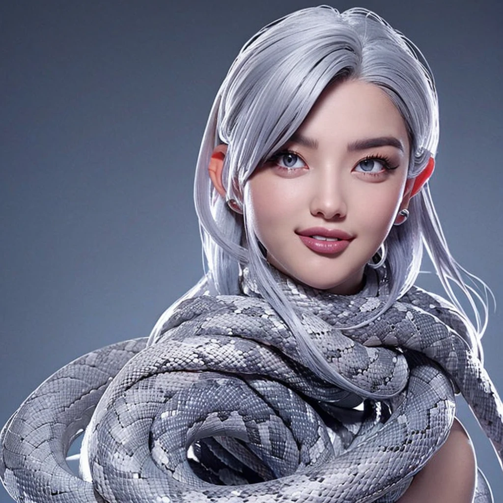 A woman with silver hair with a gray snake wrapped around her and her tongue sticking out