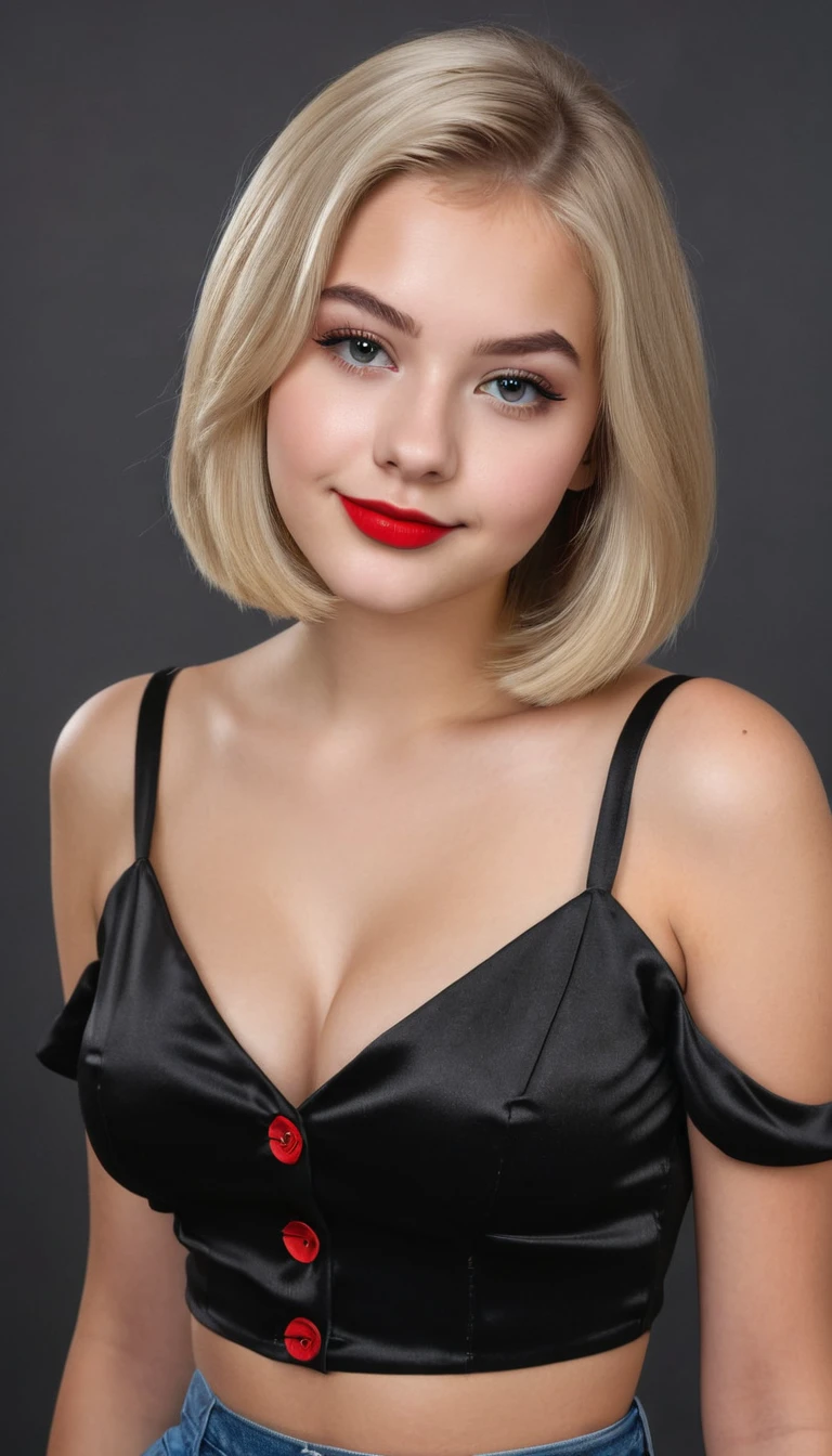 ultrarealistic high quality mugshot photo of a beautiful busty european 18-year-old girl with cute hyperdetailed shy happy face and shoulder length platin-blonde classic bob and long legs, realistic round eyes, red lipgloss, decent makeup with eyeliner, wearing black button-up satin blouse, cleavage, hourglass body, indoor office photography
