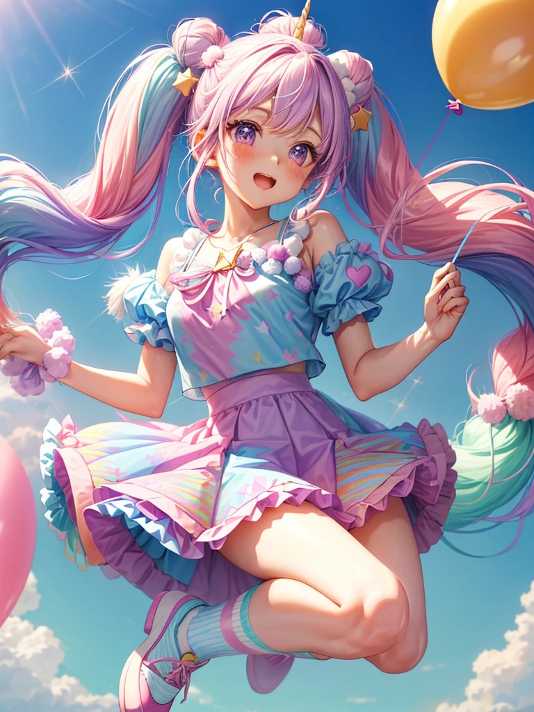 (whole body, legs and shoes visible: 1.2)) Expressive eyes, One girl, Pale skin, Long Hair, Windblown Hair, ((absurdly Long Hair)), Long Side Lock, Princess bangs, Hair bangs, Hair Bun, ((Very long twin tails)), Rainbow Hair, Light pink hair, blush, full face blush, big sparkling Pastel Purple eyes, (Gradient Eye), Laughing with your mouth open, cute pose, ((Holding a balloon : 1.3)) ((cute and pastel fashion)) ((🦄🎠🎈🎉 theme : 1.4)) A loose pastel dress, ((Dreamy multi-colored open dress)), (Floating ribbon), Lavender Frill, Pink frills, (Light blue lace), Removable short sleeves, Fluffy skirt, ((Rainbow and star printed skirt : 1.3)), ta Skirt, Purple ribbon, ((pom pom ribbon hair ornament : 1.4)), Multiple Bows, Striped lace stockings, (heart型のレッグガーター), cute (Pastel Purple) shoes ((Ultra-detailed clothing and fashion)) I'm watching you, Vintage Girl, blush, (Beautiful attention to detail), (Highly detailed CG Unity 8k wallpaper) (Best Shadow), ((Very delicate and beautiful)), (Detailed light), ((Depth of written boundary)) Big Head, Big, bright eyes, Moe, Splash Art, Cinema Lighting, Front view, volumetric lighting maximalist photo illustration k resolution high resolution intricate detailed complex key visuals precise linear ((Dreamy pastel sky background, Surrounded by sunset clouds, shooting star, Castle above the clouds)) ((Ultra-detailed landscapes, Foggy clouds, Hung by balloons, heart : 1.3))
