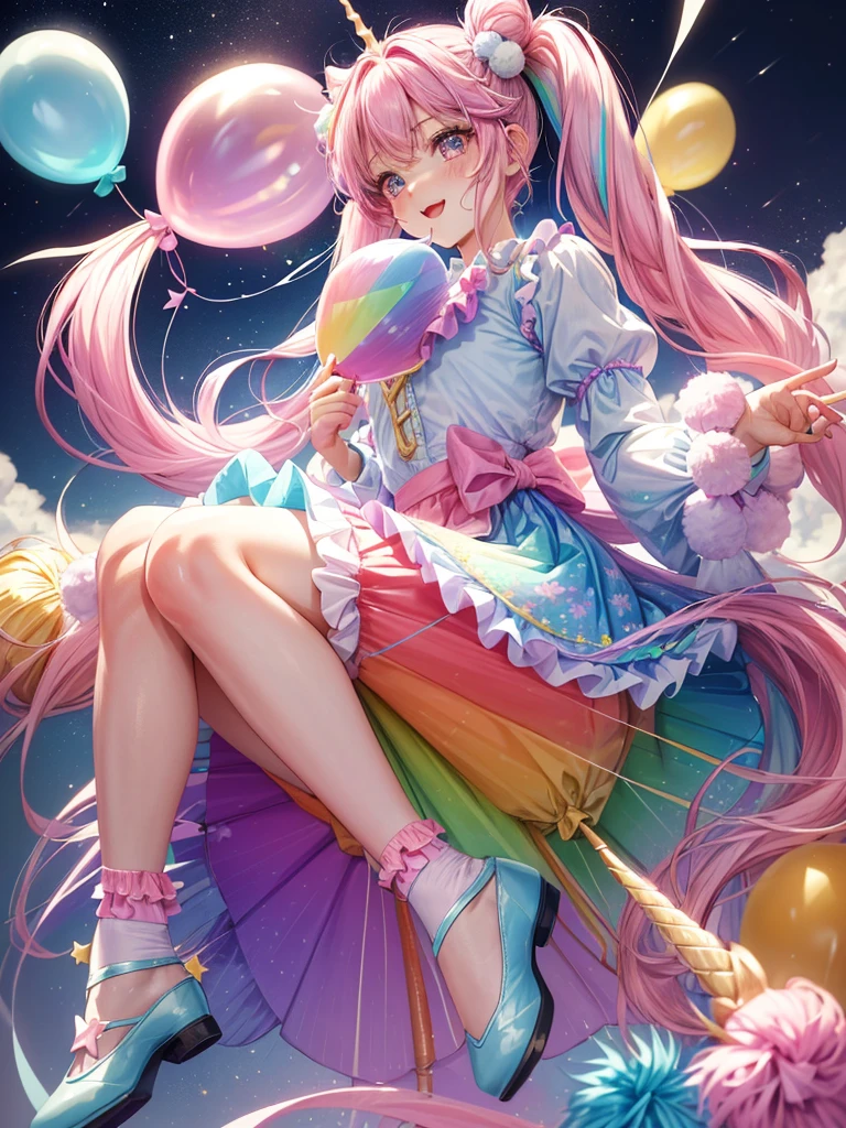 (whole body, legs and shoes visible: 1.2)) Expressive eyes, One girl, Pale skin, Long Hair, Windblown Hair, ((absurdly Long Hair)), Long Side Lock, Princess bangs, Hair bangs, Hair Bun, ((Very long twin tails)), Rainbow Hair, Light pink hair, blush, full face blush, big sparkling Pastel Purple eyes, (Gradient Eye), Laughing with your mouth open, cute pose, ((Holding a balloon : 1.3)) ((cute and pastel fashion)) ((🦄🎠🎈🎉 theme : 1.4)) A loose pastel dress, ((Dreamy multi-colored open dress)), (Floating ribbon), Lavender Frill, Pink frills, (Light blue lace), Removable short sleeves, Fluffy skirt, ((Rainbow and star printed skirt : 1.3)), Lolita Skirt, Purple ribbon, ((pom pom ribbon hair ornament : 1.4)), Multiple Bows, Striped lace stockings, (heart型のレッグガーター), cute (Pastel Purple) shoes ((Ultra-detailed clothing and fashion)) I'm watching you, Vintage Girl, blush, (Beautiful attention to detail), (Highly detailed CG Unity 8k wallpaper) (Best Shadow), ((Very delicate and beautiful)), (Detailed light), ((Depth of written boundary)) Big Head, Big, bright eyes, Moe, Splash Art, Cinema Lighting, Front view, volumetric lighting maximalist photo illustration k resolution high resolution intricate detailed complex key visuals precise linear ((Dreamy pastel sky background, Surrounded by sunset clouds, shooting star, Castle above the clouds)) ((Ultra-detailed landscapes, Foggy clouds, Hung by balloons, heart : 1.3))