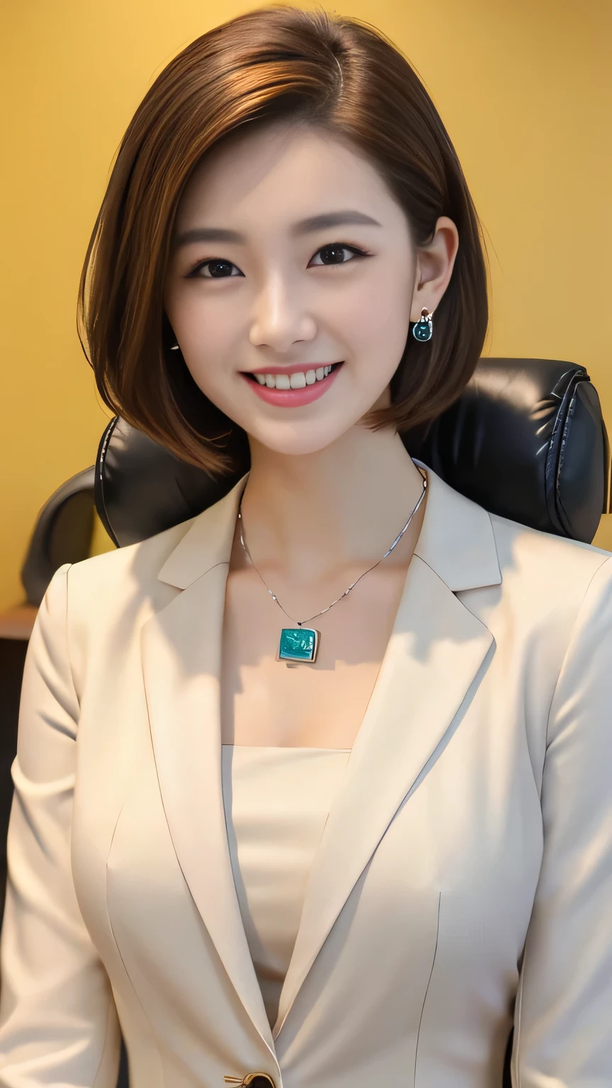 Highest quality:1.2), RAW Photos, High resolution, Very detailed, Intricate details, Short Haircut、ear piercing、smile、Beautiful teeth alignment、Light brown hair、Clear beauty,(High quality fabric, Office Lady Suits )、Necklace around the neck、, The background is the office