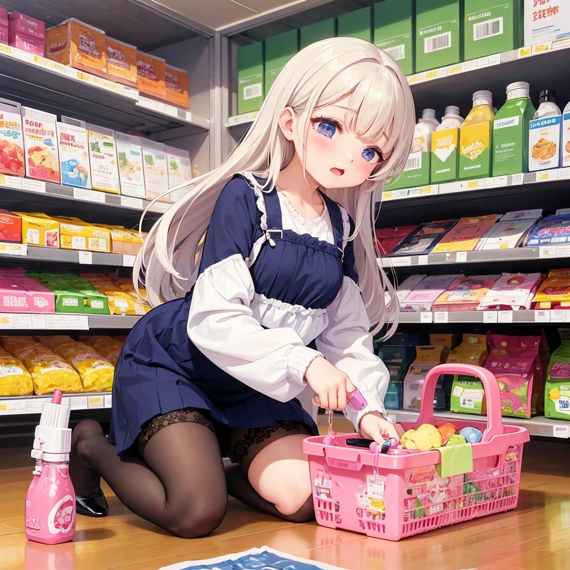 Shopping at the supermarket、There are items in the basket、Pick up and select the product、Merchandise Shed、Have a basket、A vibrator is inserted into the pantyhose、blush、Body fluids are dripping from the base of the inner thighs、The vibration of the vibrator makes the sweat flow、１People playing、Lewd Girl、、Dripping of sticky body fluids、Stringing liquid、A 、Sheer lace dress、((Wearing pantyhose directly、Climax with a vibrator))blushする、shame、Heavy breathing