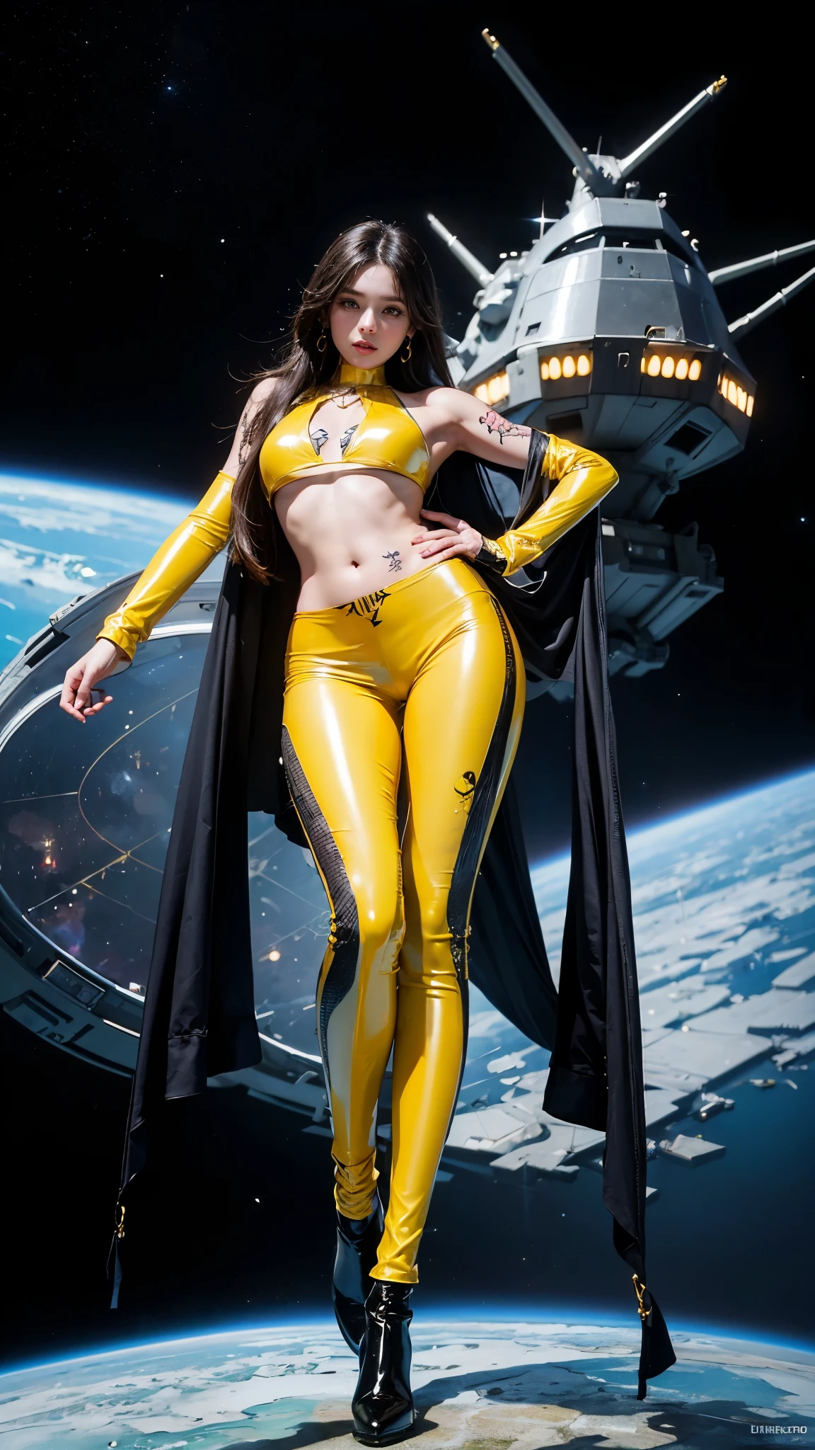 ((masterpiece:1.4)、(Highest quality:1.4)、(Realistic:1.7))、Masterpiece:1.4、(Top-notch rendering:1.4)、(Yuki, the beautiful navigator of the Space Battleship Hikari:1.4)、Super Beauty航海士Yuki、(By Luis Royo:1.4)、(A uniform that accentuates your beautiful figure:1.2)、(Futuristic sci-fi battle fashion:1.2)、(Street Style Wear)、(Tight Fit Pants)、(Shiny luxury latex:1.4)、(Luxury yellow latex:1.4)、19 years old、(Cute Tattoos:1.4)、(Wearing yellow gloves)、Cute Girl、Super Beauty、(Seductive pose)、Sharp Focus、Portrait Photography:1.4、8k、Photorealistic images:1.4、(Perfect female body:1.4)、Perfect proportions、(Standing:1.4)、(Upper body shot:1.4)、Beautiful Face、Fearless look、Beautiful Eyes、(A girl with a beautiful body and slender abdominal muscles)、(Narrow waist:1.4)、(9-body proportions beautiful girl:1.4)、(A beautiful girl with long legs and a good figure:1.4)、Beautiful feet:1.2、(Long Hair:1.2)、Heavy makeup、Eyeshadow、Glow Eye、Glow Lip、Beautiful breasts、Large Breasts:1.2、sexy ass、(Standing facing forward:1.4)、Raw photo、Red lips、Yellow high heels:1.4、choker:1.4、necklace:1.4、Earrings:1.4、1 Screen Display:1.4、Space Battleship Hikari&#39;s bridge:1.2