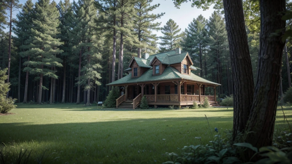 FOREST WITH A HOUSE IN THE MIDDLE WITH A CLIMATE OF TERROR. DON’T PUT TREES IN PLACE JUST GRASS