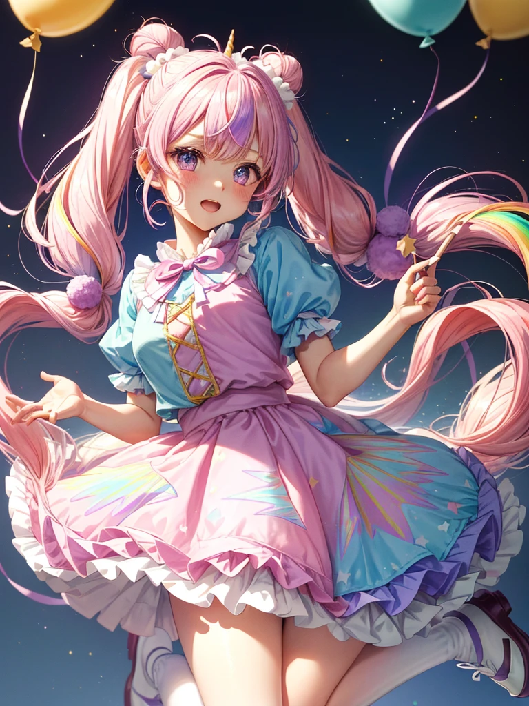 (whole body, legs and shoes visible: 1.2)) Expressive eyes, One girl, Pale skin, Long Hair, Windblown Hair, ((absurdly Long Hair)), Long Side Lock, Princess bangs, Hair bangs, Hair Bun, ((Very long twin tails)), Rainbow Hair, Light pink hair, blush, full face blush, big sparkling Pastel Purple eyes, (Gradient Eye), Laughing with your mouth open, cute pose, ((Holding a balloon : 1.3)) ((cute and pastel fashion)) ((🦄🎠🎈🎉 theme : 1.4)) A loose pastel dress, ((Dreamy multi-colored open dress)), (Floating ribbon), Lavender Frill, Pink frills, (Light blue lace), Removable short sleeves, Fluffy skirt, ((Rainbow and star printed skirt : 1.3)), Lolita Skirt, Purple ribbon, ((pom pom ribbon hair ornament : 1.4)), Multiple Bows, Striped lace stockings, (heart型のレッグガーター), cute (Pastel Purple) shoes ((Ultra-detailed clothing and fashion)) I&#39;m watching you, Vintage Girl, blush, (Beautiful attention to detail), (Highly detailed CG Unity 8k wallpaper) (Best Shadow), ((Very delicate and beautiful)), (Detailed light), ((Depth of written boundary)) Big Head, Big, bright eyes, Moe, Splash Art, Cinema Lighting, Front view, volumetric lighting maximalist photo illustration k resolution high resolution intricate detailed complex key visuals precise linear ((Dreamy pastel sky background, Surrounded by sunset clouds, shooting star, Castle above the clouds)) ((Ultra-detailed landscapes, Foggy clouds, Hung by balloons, heart : 1.3))