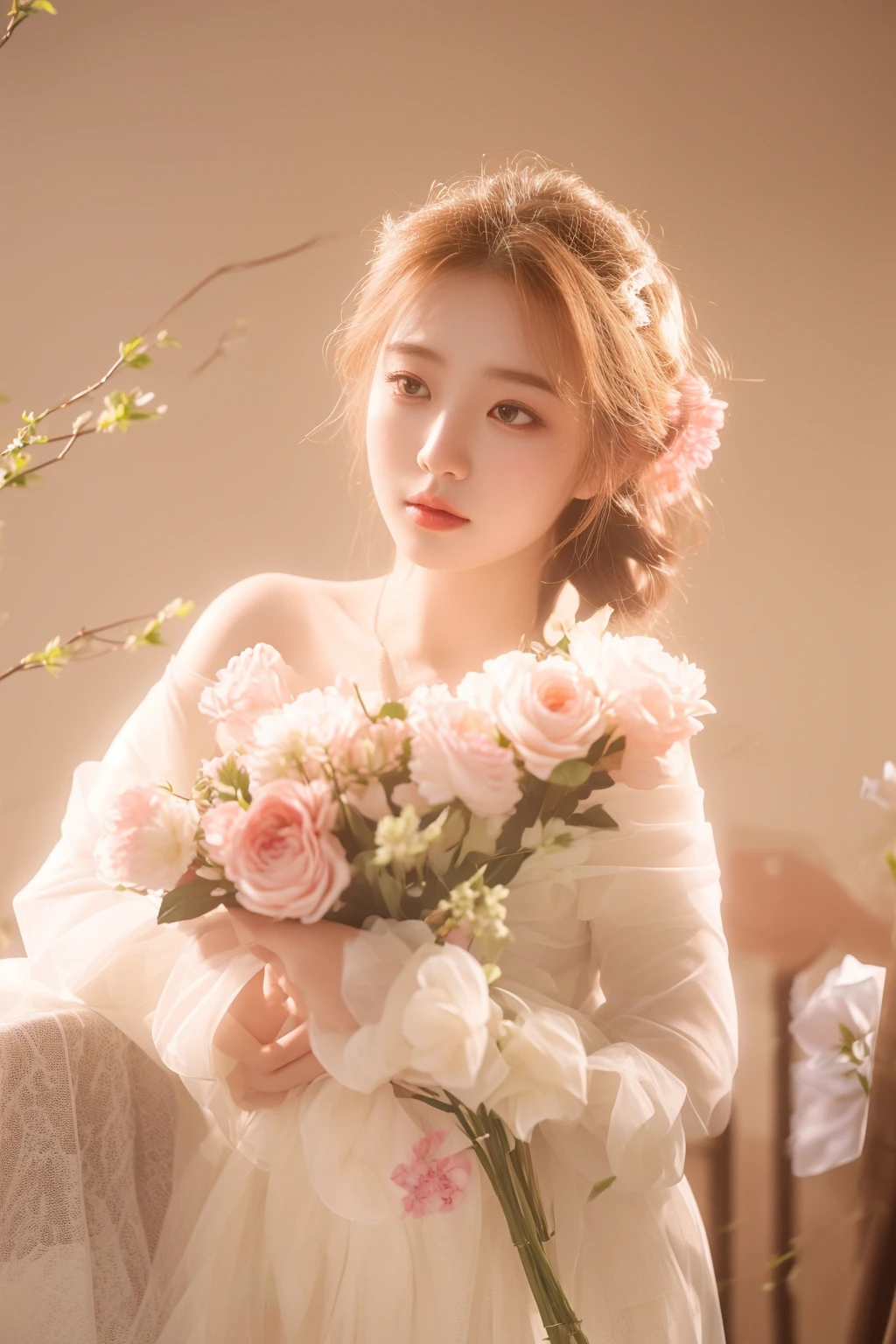 there is a woman in a white dress holding a bouquet of flowers, ethereal beauty, soft ethereal lighting, romanticism portrait, guweiz, dreamy and ethereal, ethereal and dreamy, soft portrait shot 8 k, by Tang Sin Yun Sandara, spring day, with flowers, inspired by Huang Ji, ethereal!!!!!!!, in the art style of bowater