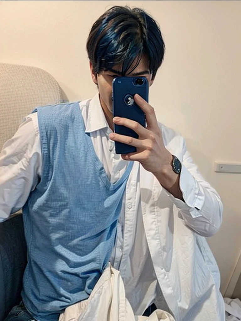 Change shirt color to blue I only saw half of him, a cute guy.