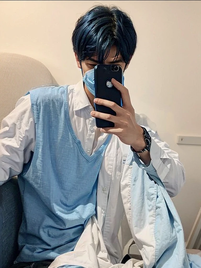 Change shirt color to blue I only saw half of him, a cute guy.