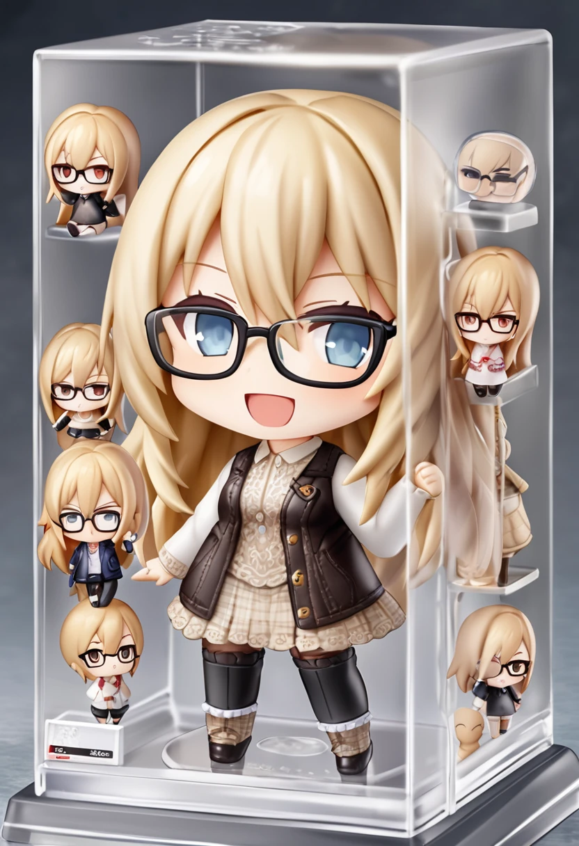 there is a doll with glasses on a shelf in a room, style as nendoroid, ( highly detailed figure ), nendoroid 3 d, wearing a collared shirt,panties and glasses, arms up,open mouth,nendoroid, with glasses, water color nendoroid, super highly detailed, eyes in the style of nendoroid, captured on canon eos r 6, very very high detailed