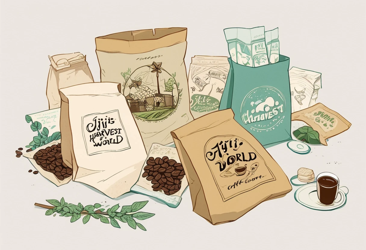 A set of tea sets for casual relaxation with illustrations,calligraphic fonts with green tones,coffee bags,paper bags,prints and accessories,with the theme of the harvest world,clean light gray background,(niji:2),hand-drawn,illustration style