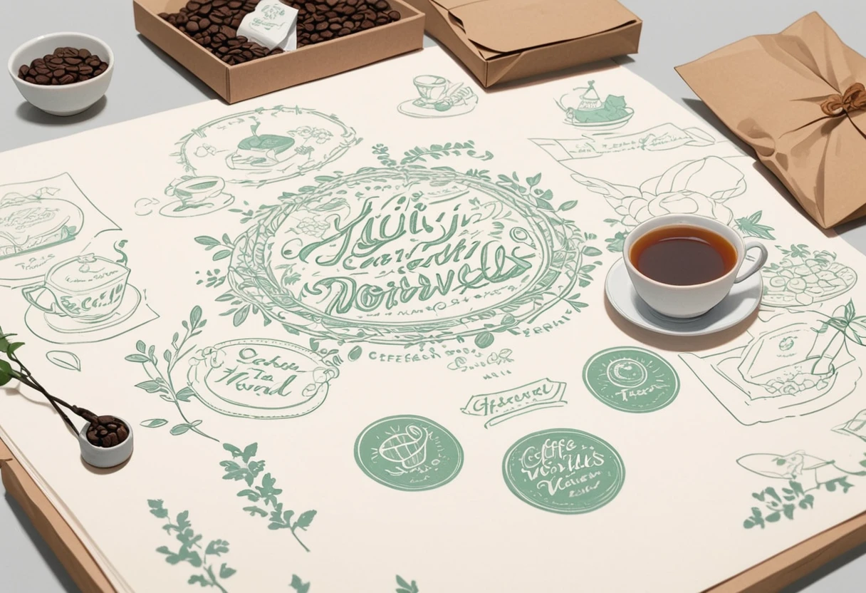 A set of tea sets for casual relaxation with illustrations,calligraphic fonts with green tones,coffee bags,paper bags,prints and accessories,with the theme of the harvest world,clean light gray background,(niji:2),hand-drawn,illustration style