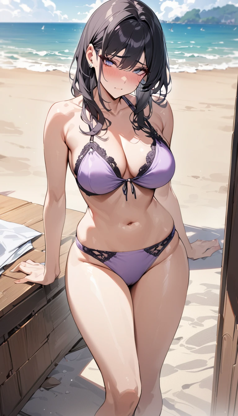 masterpiece, High resolution, perfect face, beauty of China, 30 years old, beautiful face, beach, light purple bikini, embarrassed look, look at the camera, top quality eyes, detailed texture, standing and look at me, Married woman, cool women, high resolution eyes, black hair, thighs job, B cup