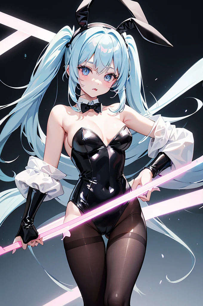 high quality,best quality,masterpiece,4k,8k,(((black bunny girl costume girl))),black bunnygirl suit,high leg costume,groin covered with black pantyhose,show off groin covered with black pantyhose,costume with white collar,eighteen years old girl,great figure,large breasts,blight pink bowtie,looking at viewer,light blue hair,pale pink inner hair color,length to shoulder twin tail hairstyle,black bunny ear headband,((all legs coverd with black pantyhose)),pink water drop sticker under left eye,tongue out a little,dark blue eyes,pink highlight in eyes,