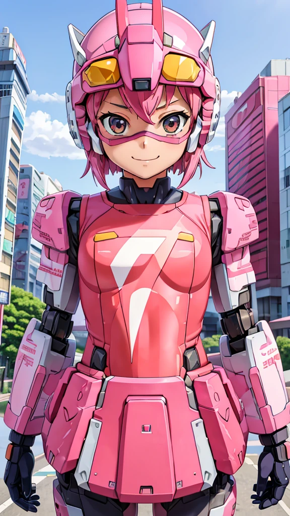 (8k),(masterpiece),(Japanese),(8--old l),((innocent look)),((Childish)),From the front,smile,cute,Innocent,Kind eyes,Flat chest, Shizuka,Mecha suit,pink helmet,pink superhero mask,camisa,no Hair,cyberpunk Tokyo City,pink tshirt