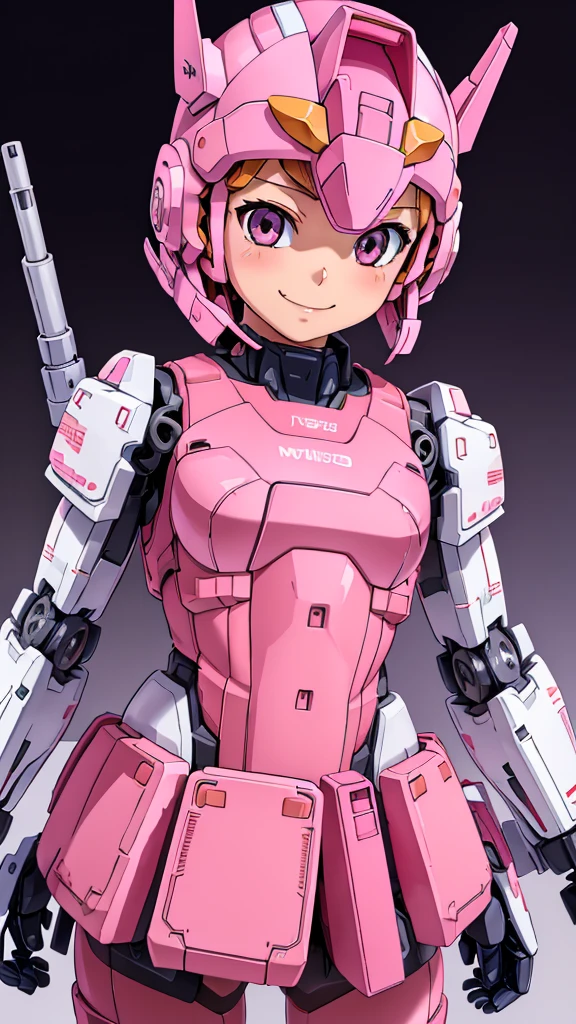 (8k),(masterpiece),(Japanese),(8--old l),((innocent look)),((Childish)),From the front,smile,cute,Innocent,Kind eyes,Flat chest, Shizuka,Mecha suit,pink helmet,pink superhero mask,camisa,no Hair,cyberpunk Tokyo City,pink tshirt