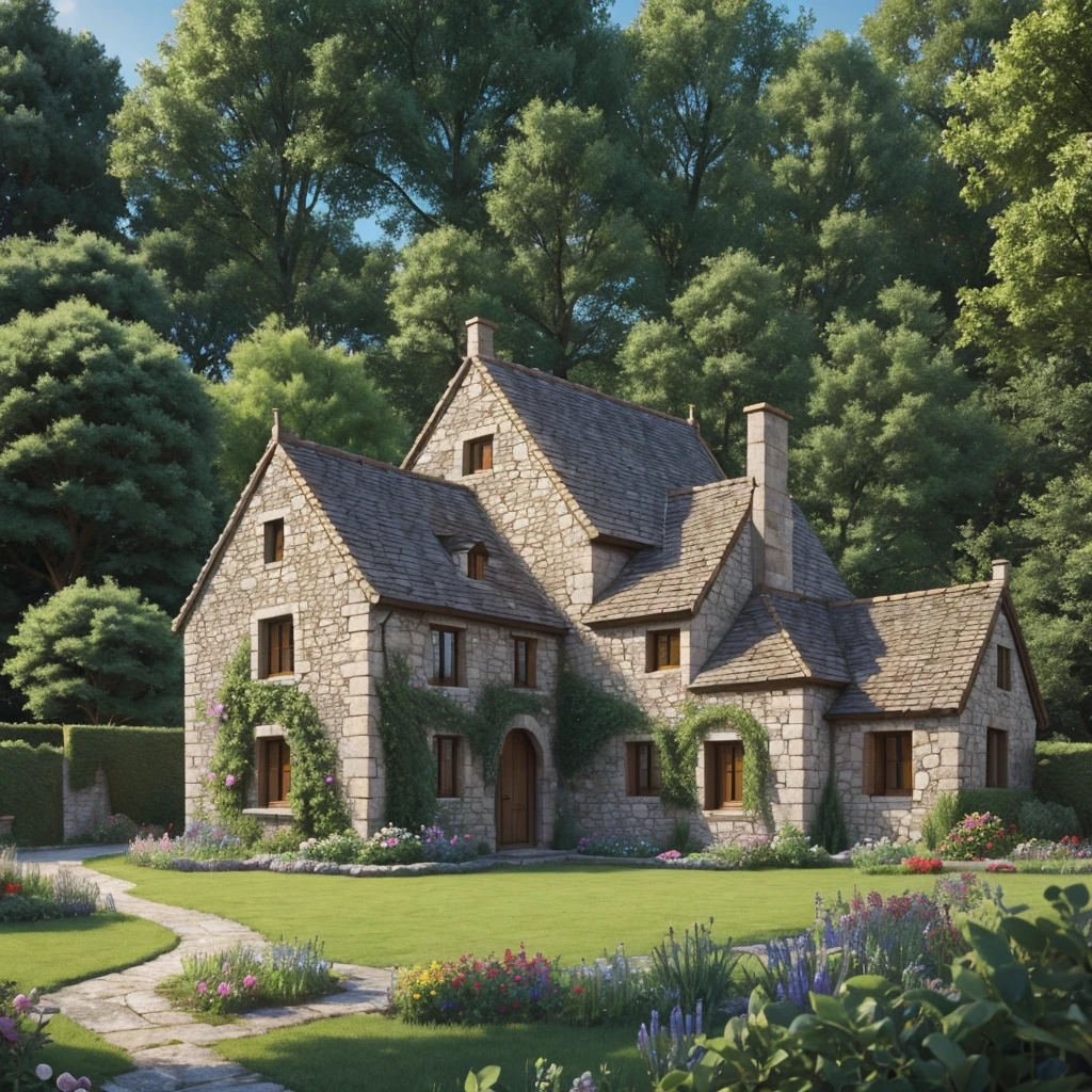 Cartoon medieval stone 
house with 
garden 
