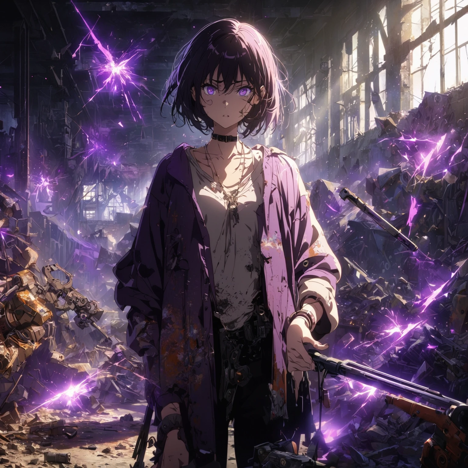 a lady Wearing a very unique casual styled outfit, purple shadows hollow surrounding her, her expression is mostly blank and neutral, with eyes slightly open and a straight mouth, weapons that are made out of purple shadow swirling in the air, more weapons made out of black and purple shadows are floating around her, in an Abandoned Warehouse Environment, A large, empty space with rusted machines, broken windows, and peeling paint, Lighting, Dim, with moonlight streaming through broken windows and flickering industrial lights, Details, Piles of debris, old tools, and machinery parts scattered around. Graffiti and faded signs on the walls, Shadows and sparks from her powers create stark contrasts, Hints her power theme and sparks to illuminate the character, A pose with a slight crouch, ready to move at any moment. Her body is angled defensively, with one hand raised, fingers splayed as if ready to unleash her powers, (nude:0.8), detailed gorgeous face| anime style| key visual| intricate detail| highly detailed| breathtaking| vibrant| panoramic| cinematic| Carne Griffiths| Conrad Roset| gibbli 8k
