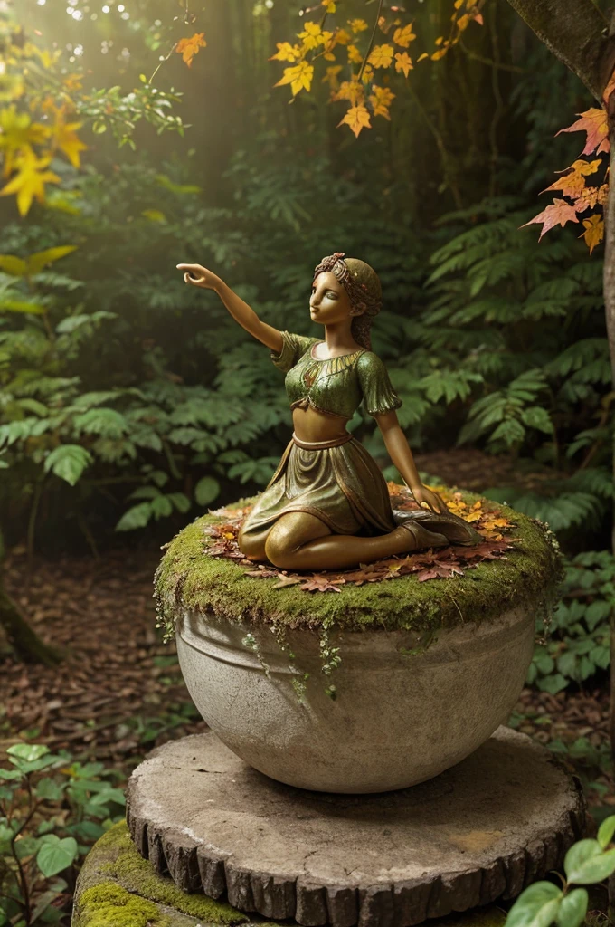 A whimsical miniature figure composed of delicately arranged autumn leaves, poised in a carefree dance on the rim of a weathered, moss covered terracotta pot, set against a lush, vibrant forest backdrop, where dappled sunlight filters through the canopy above, casting intricate shadow. The overall aesthetic is ethereal, with warm, earthly tones of Sienna, umber, and olive green, infused with hints of emerald and golden light, evoking a sense of wonder and enchantment, as if plucked from a fantastical realm.