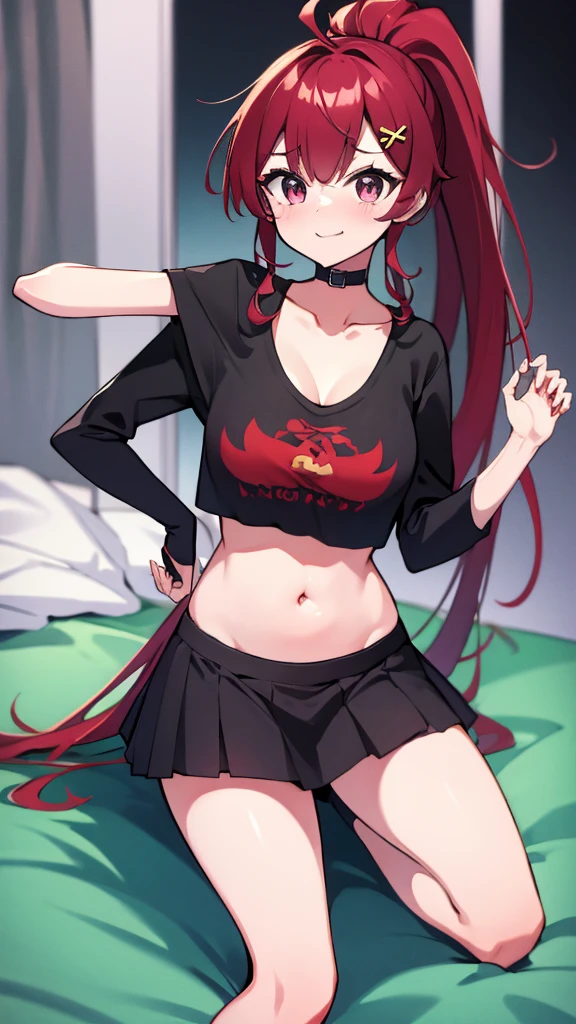 hiquality、 K、Lori,((breasts)),big butts, ((Blunt bangs)), Twin-tailed、blush,the eyes are blue,(Red hair)、(Black knee socks)、Full body、((Open_Mouth))、on the beds、grin、Kneeling、Sweat、((Black Bikini))、puffies_Nipples、Suntan-Skin