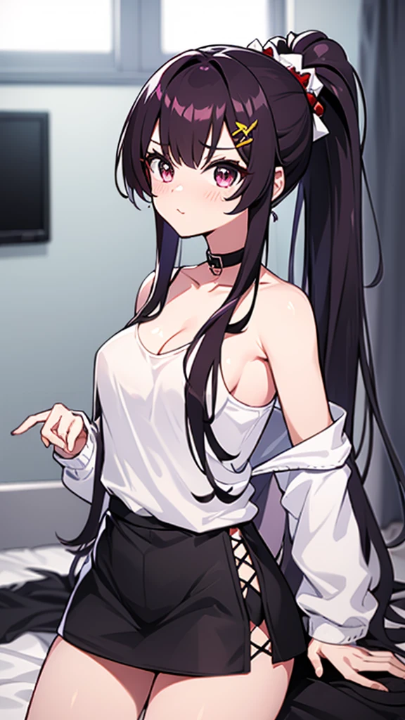 high tail hairstyle, Ponytail hairstyle, Long wavy black hair, standing posing, anime girl style, pixel art anime style,penetrating look with deep eyes,red and purple eyes, hair with a ponytail hairstyle trapped with a big red bun, Women, red hair clips, x color shaped hair clips , smiling face blush, next to his bed, lingerie, Tank Top, Black hair, mini skirt, big thighs,