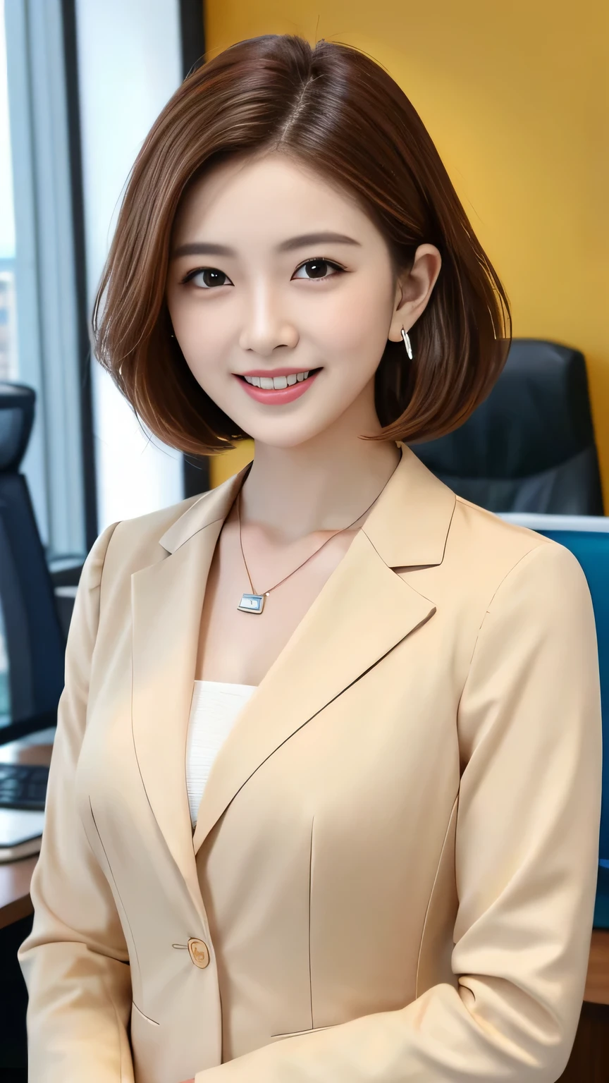 Highest quality:1.2), RAW Photos, High resolution, Very detailed, Intricate details, Short Haircut、ear piercing、smile、Beautiful teeth alignment、Light brown hair、Clear beauty,(High quality fabric, Office Lady Suits ）、Necklace around the neck、, The background is the office