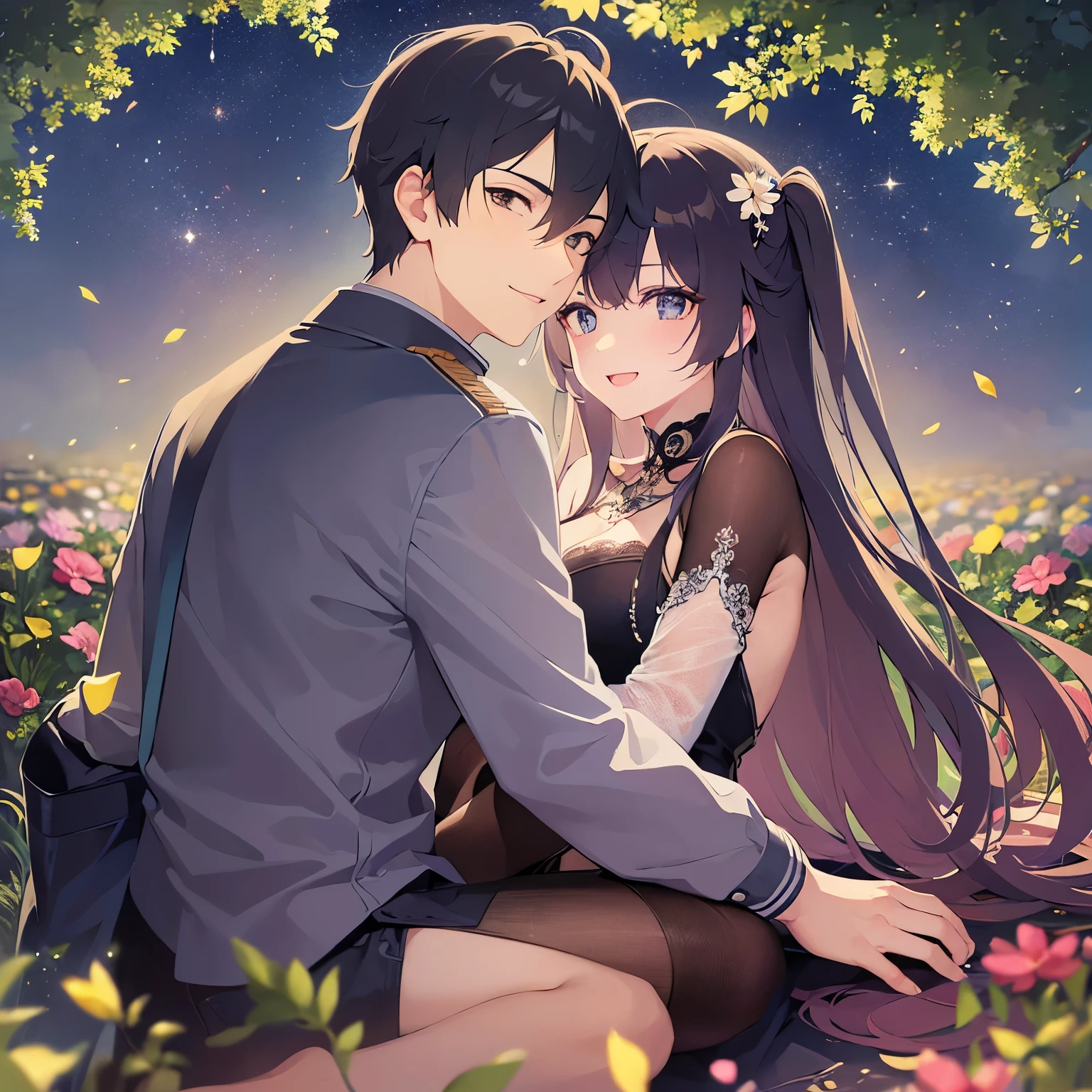 Smiling man embracing a woman、Night Sky、garden、grass