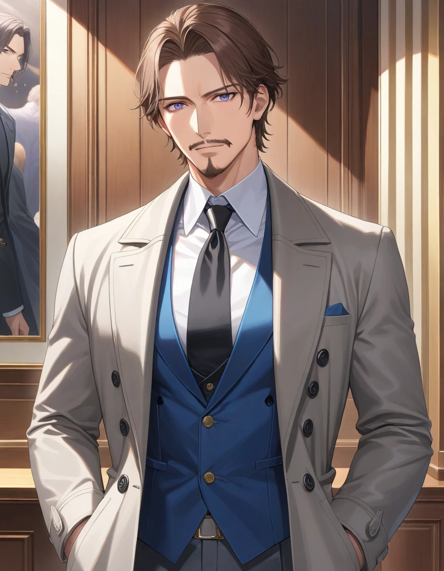 1man, mature male, parted bangs, medium-short hair, brown hair, muscular male celeb, short goatee, short mustache, indigo eyes, gentleman, elegant netori male, BREAK solo, white collared shirt, gray trench coat, black neck ribbon, in gentle sasaki style, visual novel, 2010s, extreme all detailed, masterpiece, best quality