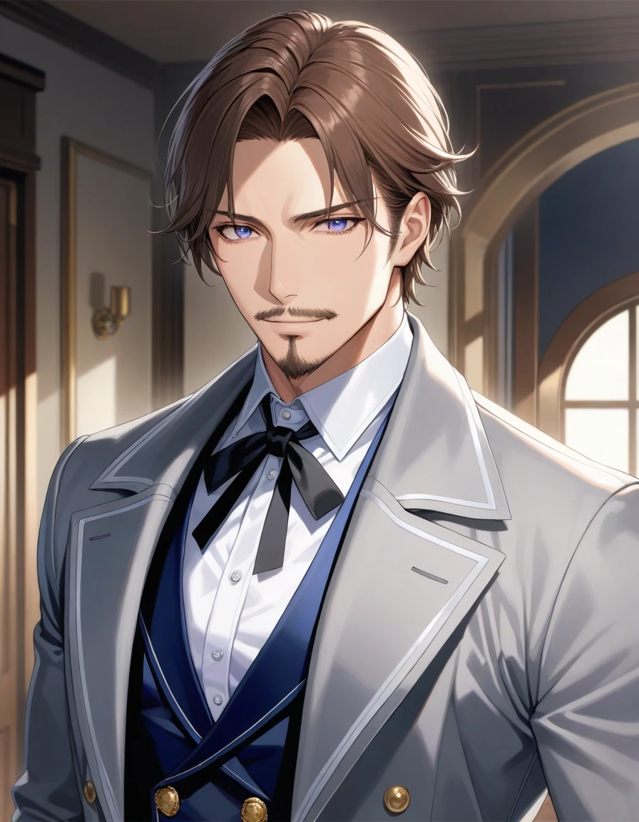 1man, mature male, parted bangs, medium-short hair, brown hair, muscular male celeb, short goatee, short mustache, indigo eyes, gentleman, elegant netori male, BREAK solo, white collared shirt, gray trench coat, black neck ribbon, in gentle sasaki style, visual novel, 2010s, extreme all detailed, masterpiece, best quality