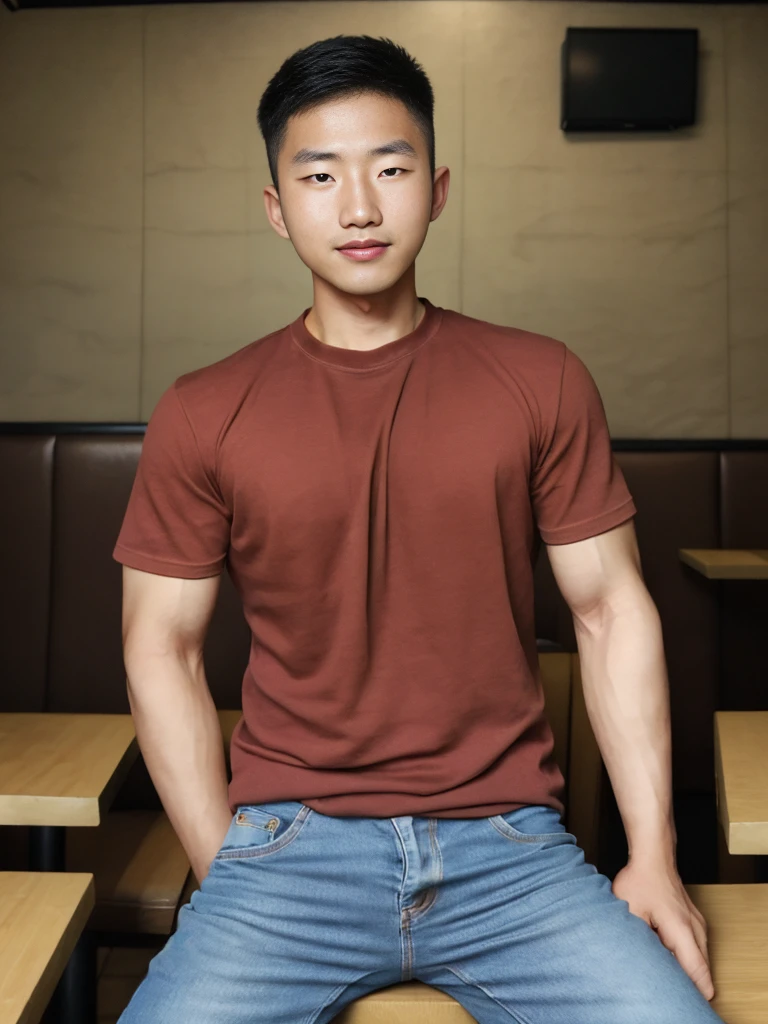 ((realistic daylight)) , Young Korean man in a simple brown t-shirt only, no pattern, denim shirt, and jeans., A handsome, muscular young Asian man looks at the camera.  , in the restaurant ,turn sideways