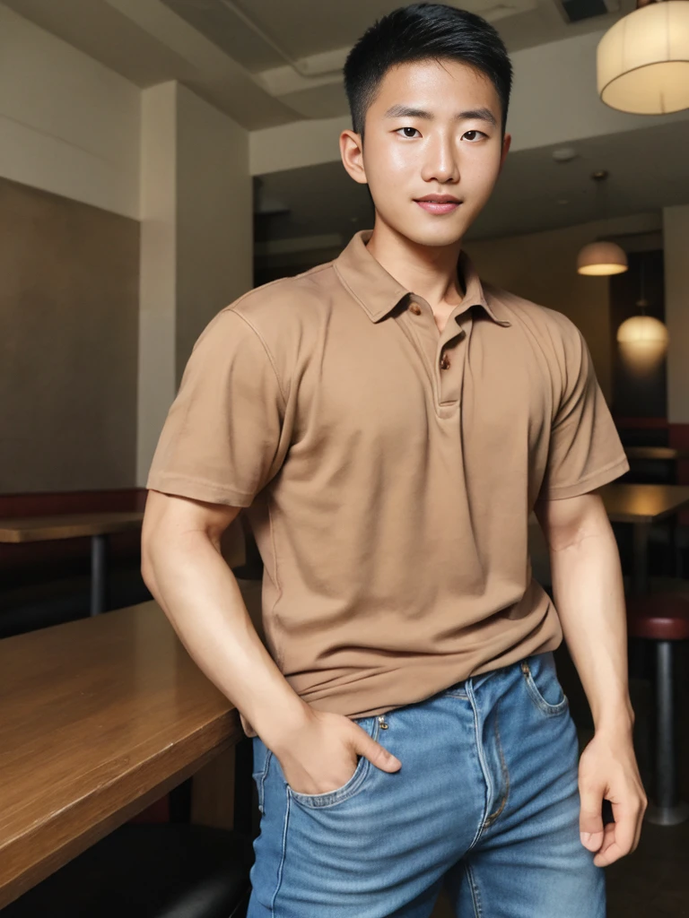 ((realistic daylight)) , Young Korean man in a simple brown t-shirt only, no pattern, denim shirt, and jeans., A handsome, muscular young Asian man looks at the camera. , in the restaurant ,turn sideways