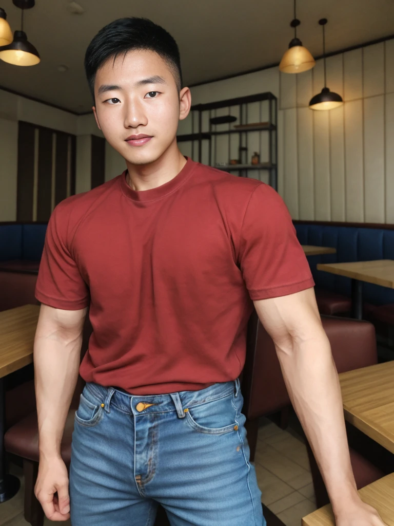 ((realistic daylight)) , Young Korean man in a simple brown t-shirt only, no pattern, denim shirt, and jeans., A handsome, muscular young Asian man looks at the camera.  , in the restaurant ,turn sideways