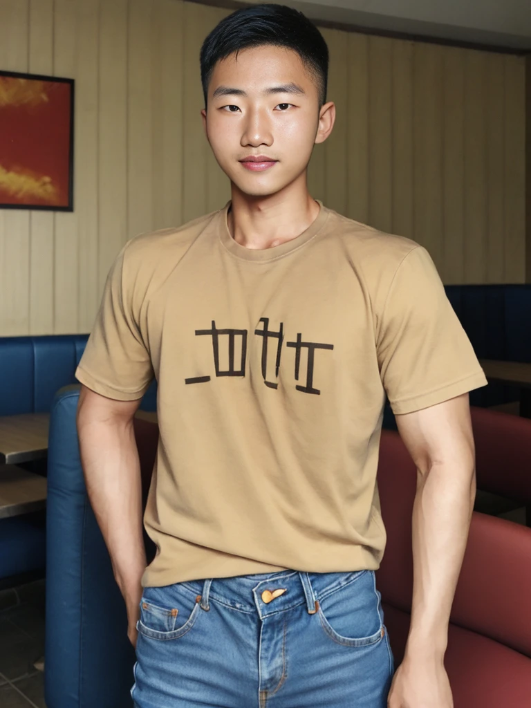 ((realistic daylight)) , Young Korean man in a simple brown t-shirt only, no pattern, denim shirt, and jeans., A handsome, muscular young Asian man looks at the camera.  , in the restaurant ,turn sideways