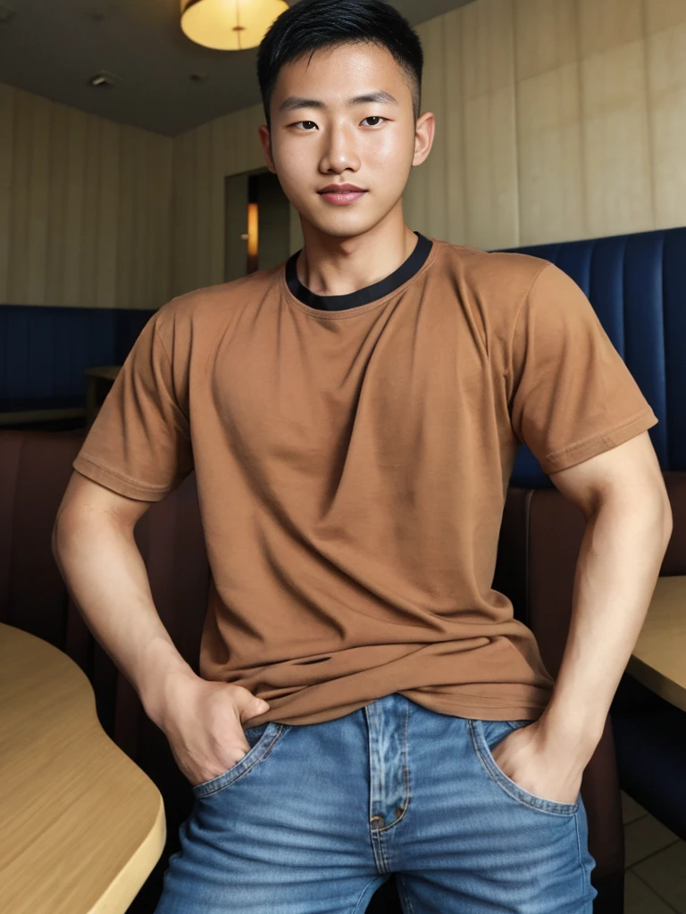 ((realistic daylight)) , Young Korean man in a simple brown t-shirt only, no pattern, denim shirt, and jeans., A handsome, muscular young Asian man looks at the camera.  , in the restaurant ,turn sideways