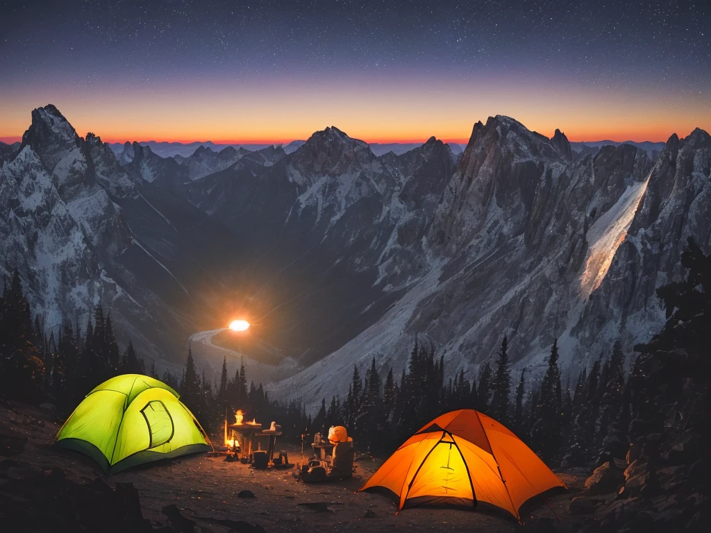 camping at night at a mountain to overlooking the sunset in far horizon
