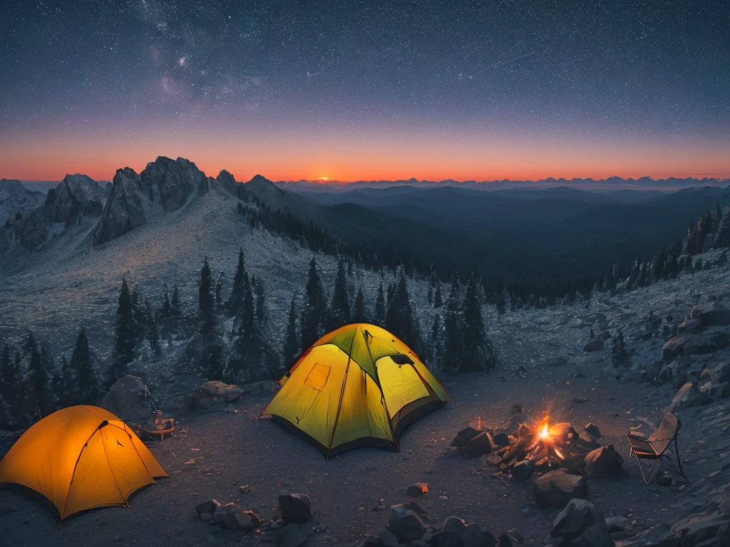 camping at night at a mountain to overlooking the sunset in far horizon
