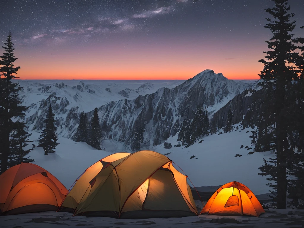 camping at night at a mountain to overlooking the sunset in far horizon