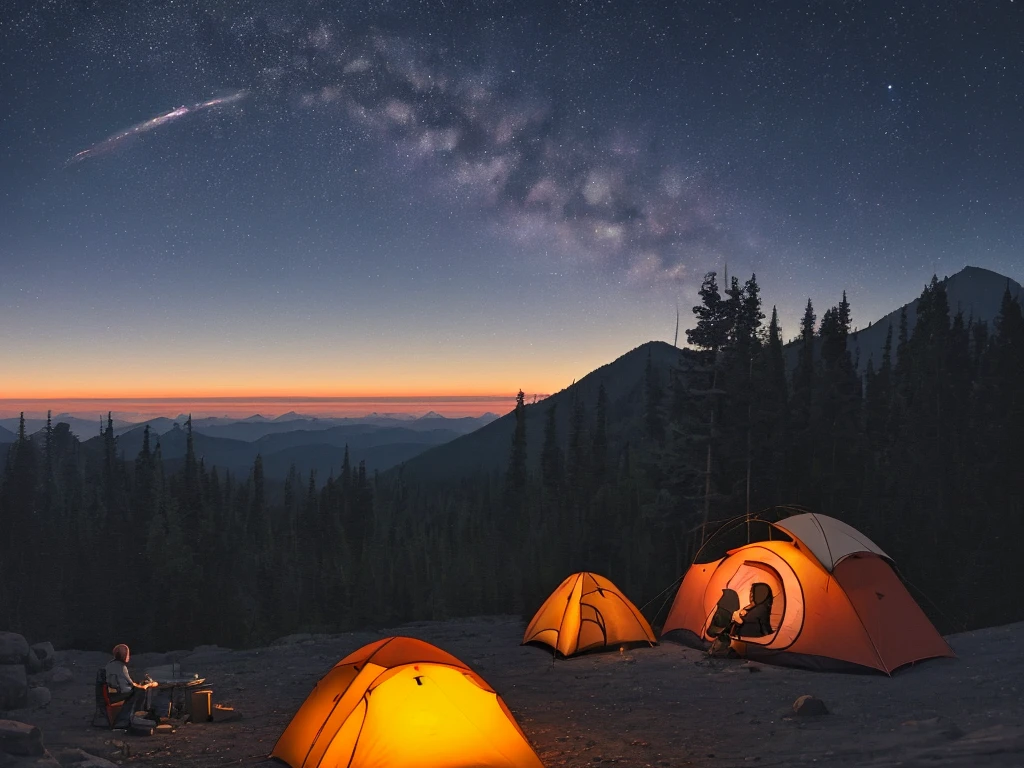 camping at night at a mountain to overlooking the sunset in far horizon
