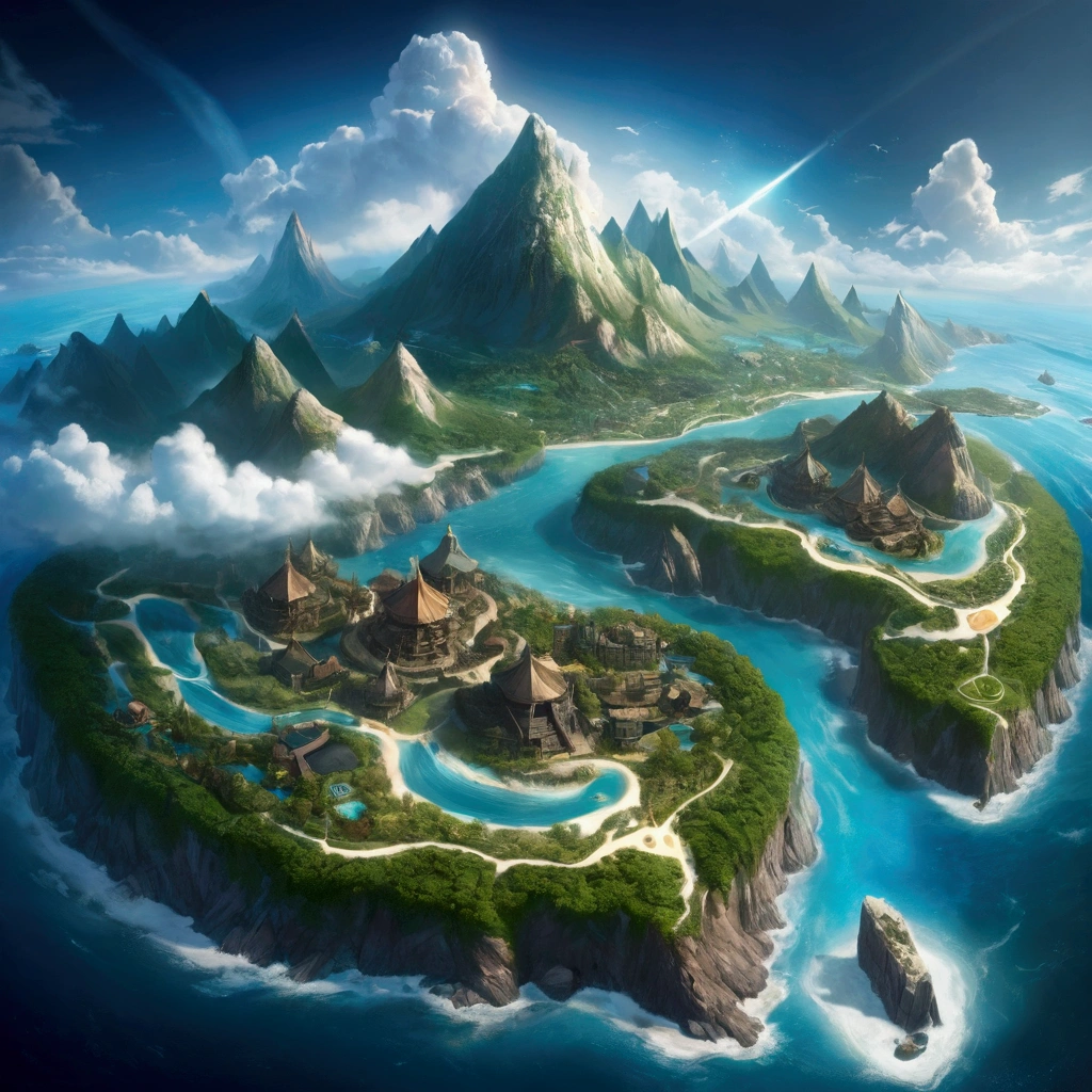 A detailed and complex topographical map of the mysterious island，Composed of different elemental materials, Wide-angle lens,（Best quality，4K，8k，high resolution，masterpiece：1.2），Ultra Detail，fantasy，Volumetric Lighting，panoramic，hurricane，闪electricity，electricity，flame，ice，gem，cloud, Metal Buildings，Wood texture